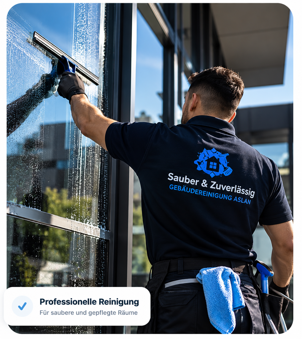 Professionelle Reinigungskraft bei der Fensterreinigung